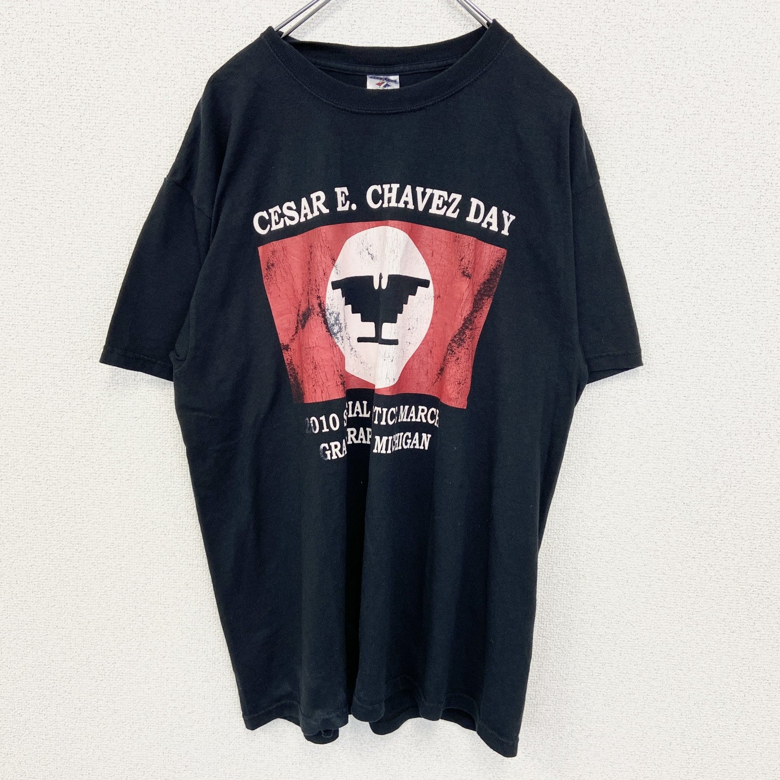 古着 used　JERZEES ジャージーズ　半袖プリントTシャツ　ビッグT　セーサル チャベス　クルーネック　黒　Lサイズ