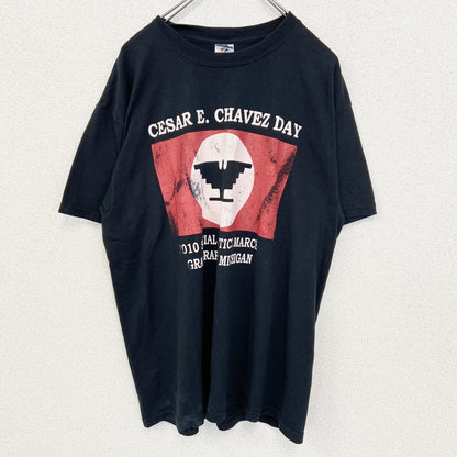 古着 used　JERZEES ジャージーズ　半袖プリントTシャツ　ビッグT　セーサル チャベス　クルーネック　黒　Lサイズ