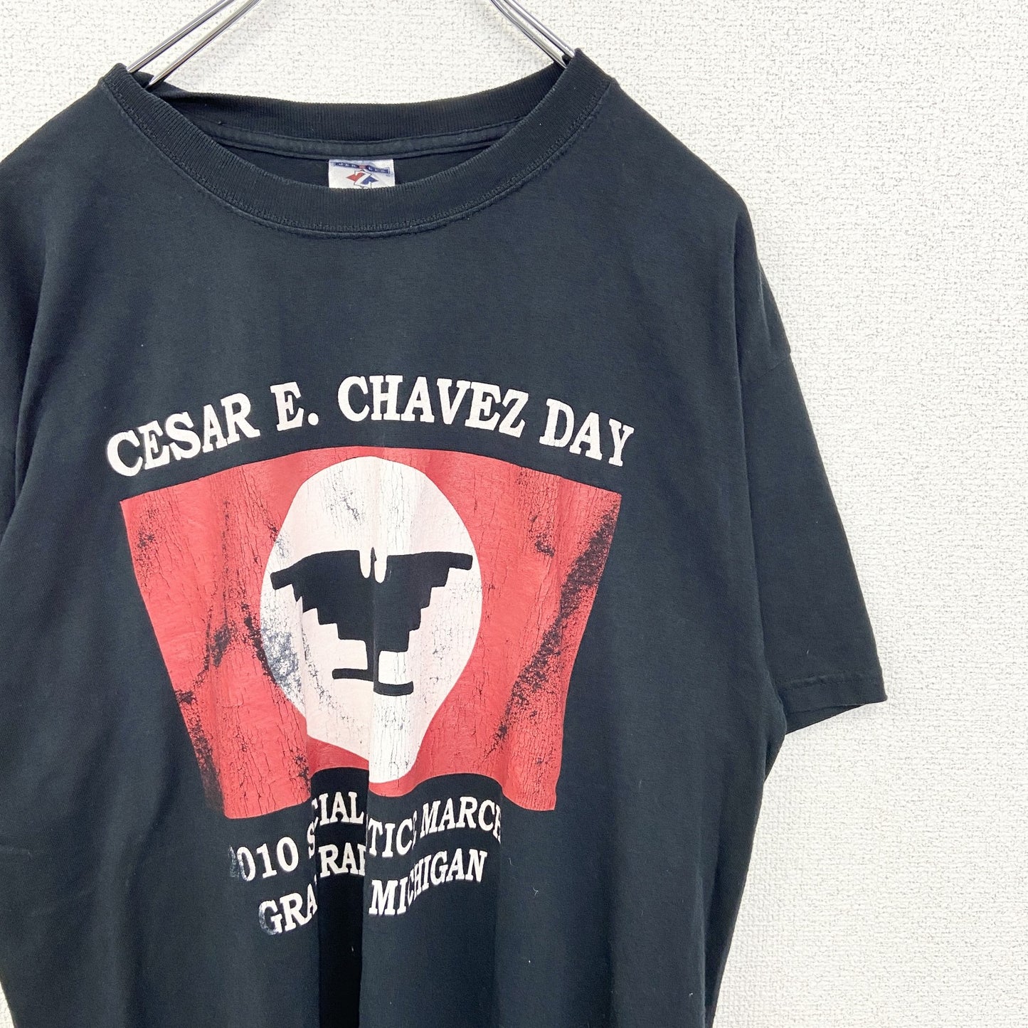 古着 used　JERZEES ジャージーズ　半袖プリントTシャツ　ビッグT　セーサル チャベス　クルーネック　黒　Lサイズ