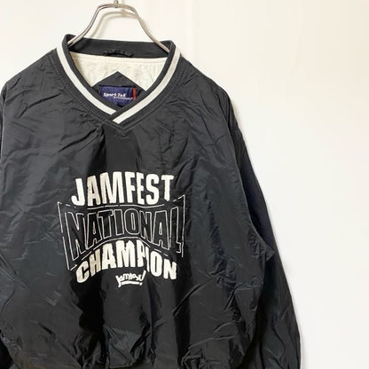 古着 used　Sport-Tek　長袖ナイロンプリントジャケット　Vネックプルオーバー　チアリーディング　黒　ブラック　Lサイズ
