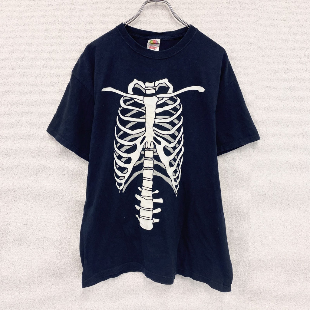 FRUIT OF THELOOM　フルーツオブザルーム　ボーン　骨　半袖プリントTシャツ　紺　ネイビー　XLサイズ