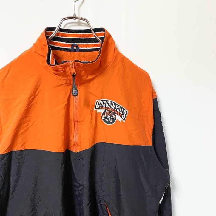 古着 used　Boathouse　長袖ハーフジップナイロンジャケット　バックプリント　虎　バイカラー　オレンジ　黒　Mサイズ