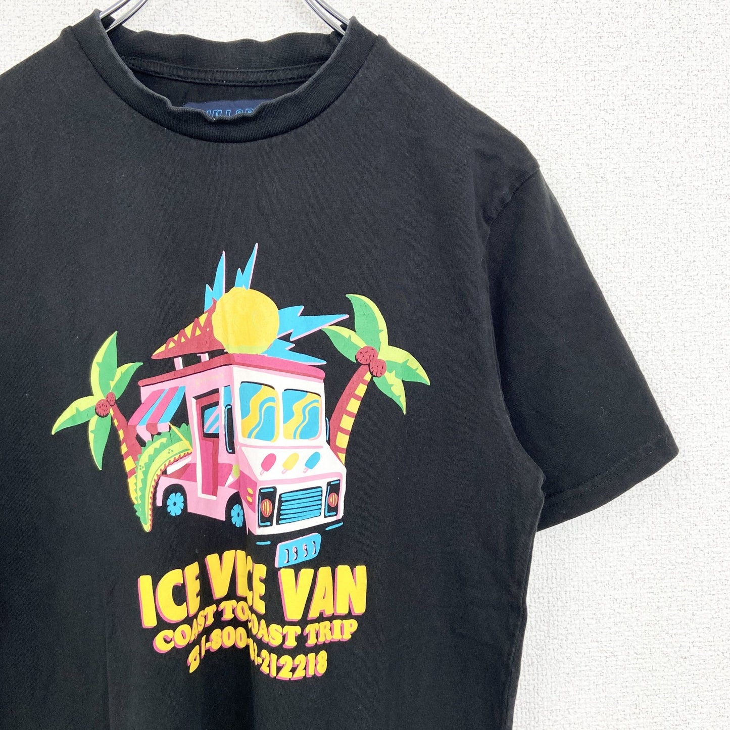 古着 used　PULL&BEAR　プルアンドベア　半袖デザインプリントTシャツ　クルーネック　バス　黒　XSサイズ