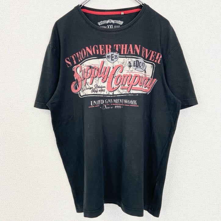 古着 used　EDC BRAND　半袖デザインプリントTシャツ　クルーネック　Supply Company　黒　2XLサイズ