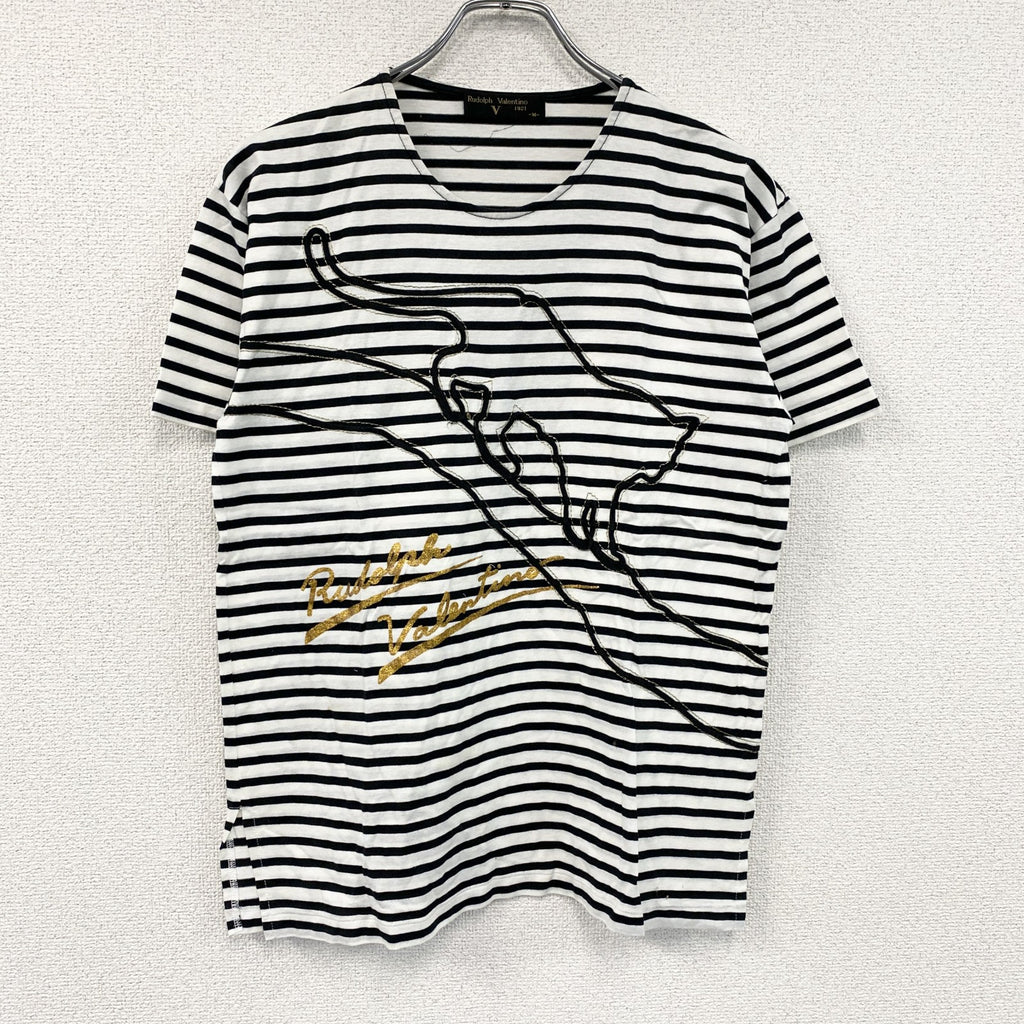 Rudolph Valentino　ルドルフ・ヴァレンティノ　半袖プリントTシャツ　ボーダー柄　白　ホワイト　黒　ブラック　Mサイズ