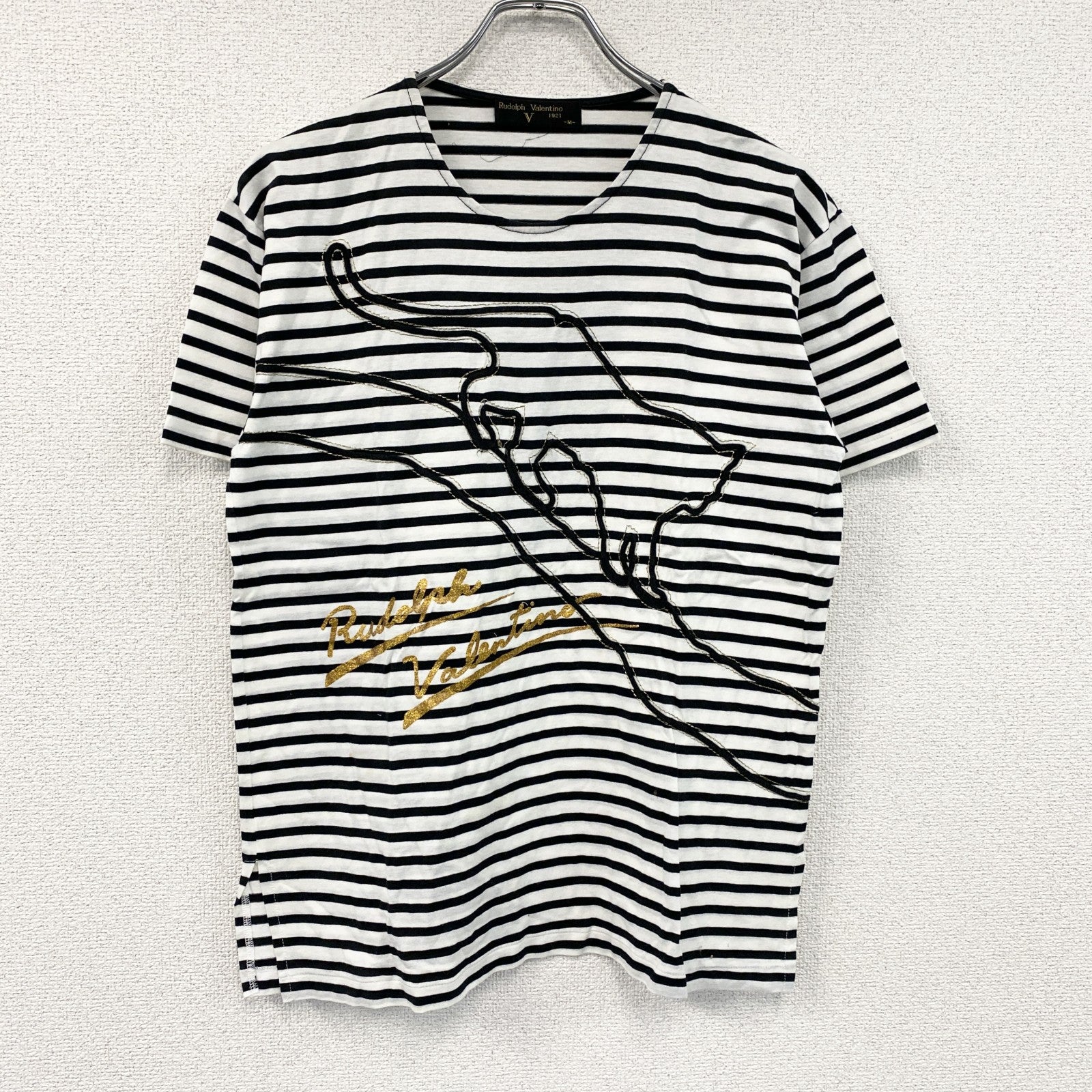 Rudolph Valentino　ルドルフ・ヴァレンティノ　半袖プリントTシャツ　ボーダー柄　白　ホワイト　黒　ブラック　Mサイズ