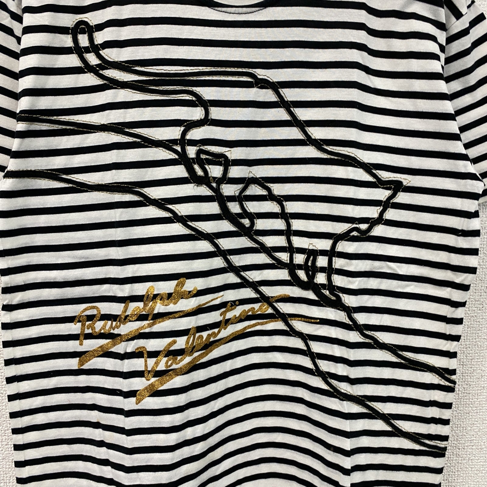 Rudolph Valentino　ルドルフ・ヴァレンティノ　半袖プリントTシャツ　ボーダー柄　白　ホワイト　黒　ブラック　Mサイズ