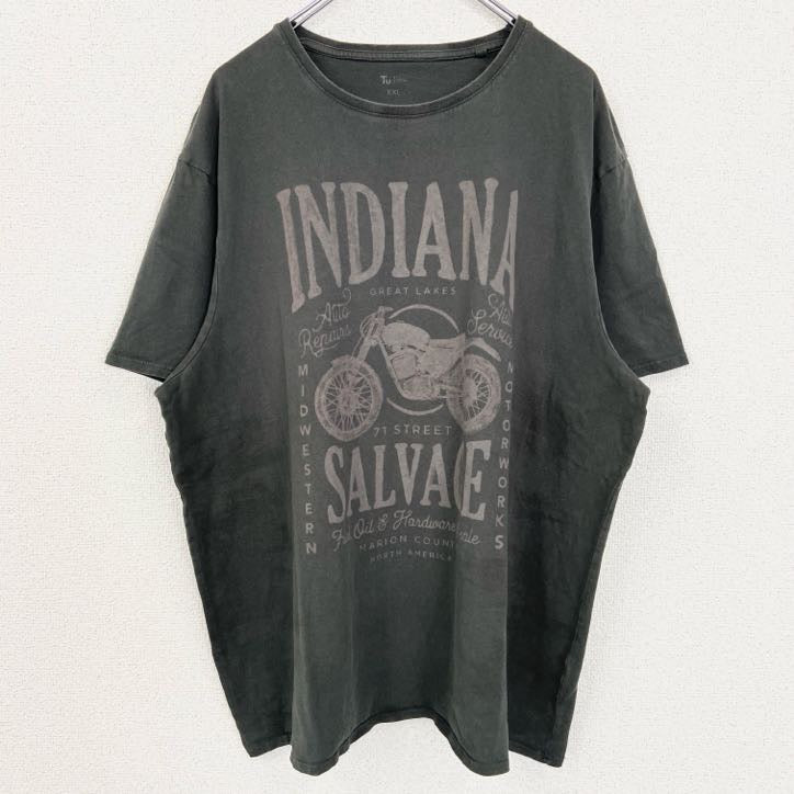 古着 used　Tu MAN　半袖ビッグプリントTシャツ　バイク　INDIANA SALVAGE　深緑　グリーン　2XLサイズ