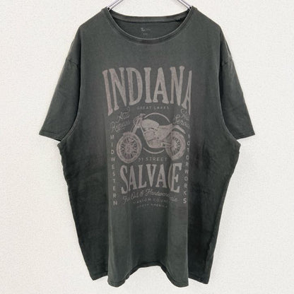 古着 used　Tu MAN　半袖ビッグプリントTシャツ　バイク　INDIANA SALVAGE　深緑　グリーン　2XLサイズ