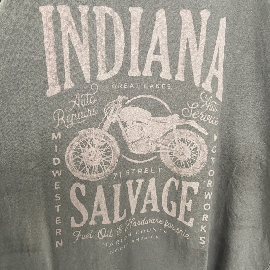 古着 used　Tu MAN　半袖ビッグプリントTシャツ　バイク　INDIANA SALVAGE　深緑　グリーン　2XLサイズ