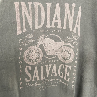 古着 used　Tu MAN　半袖ビッグプリントTシャツ　バイク　INDIANA SALVAGE　深緑　グリーン　2XLサイズ