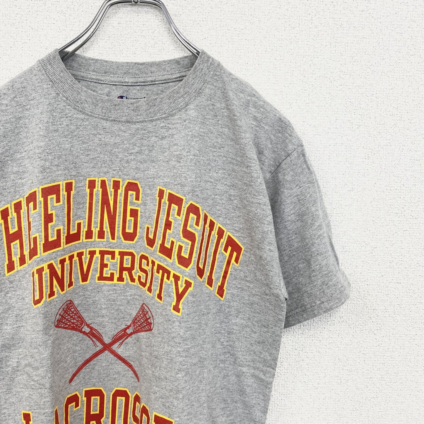 古着 used　champion チャンピオン　半袖カレッジプリントTシャツ　ラクロス　レトロ　ホイーリング大学　グレー　Sサイズ
