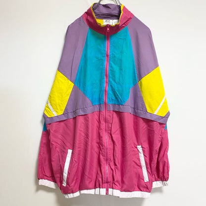 古着 used　Funny Guy　長袖ハイネックナイロンジャケット　マルチカラー　ピンク　個性的　ビッグシルエット　XLサイズ