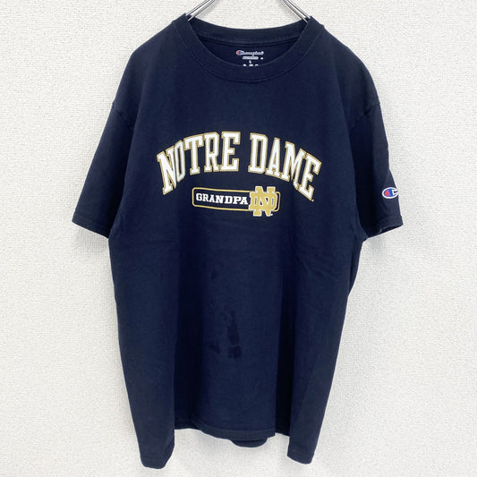 古着 used　champion チャンピオン　半袖カレッジプリントTシャツ　ノートルダム大学　クルーネック　ネイビー　Lサイズ