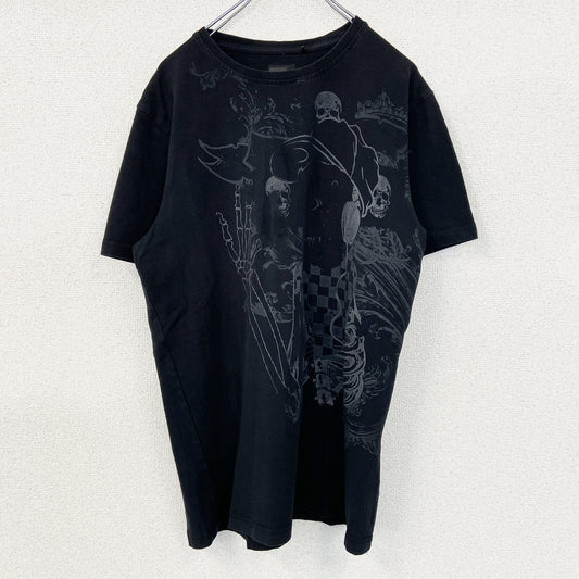 古着 used　MUSH ＭORE　半袖デザインプリントTシャツ　クルーネック　スカル　個性的　レトロ　黒　ブラック　Mサイズ