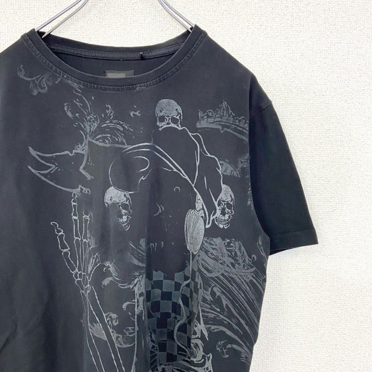 古着 used　MUSH ＭORE　半袖デザインプリントTシャツ　クルーネック　スカル　個性的　レトロ　黒　ブラック　Mサイズ