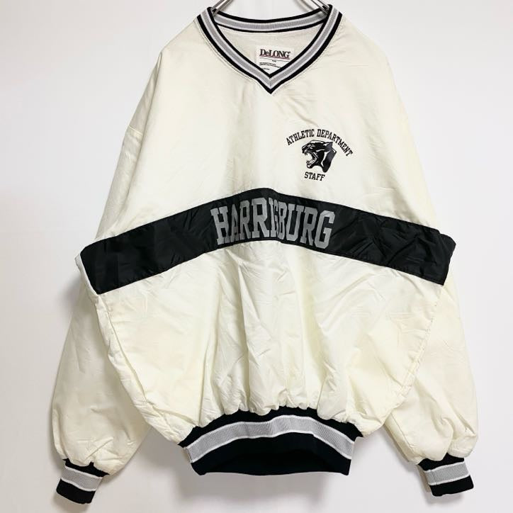 古着 used　USA製　DeLONG　長袖Vネックナイロンプルオーバー　ハリスバーグ　白　ビッグシルエット　XLサイズ