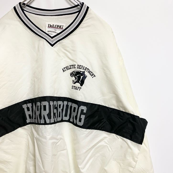 古着 used　USA製　DeLONG　長袖Vネックナイロンプルオーバー　ハリスバーグ　白　ビッグシルエット　XLサイズ