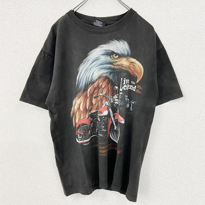 古着 used　Rock Chang ロック チャン　半袖デザインプリントTシャツ　バイク　鷹　クルーネック　レトロ　黒　Lサイズ