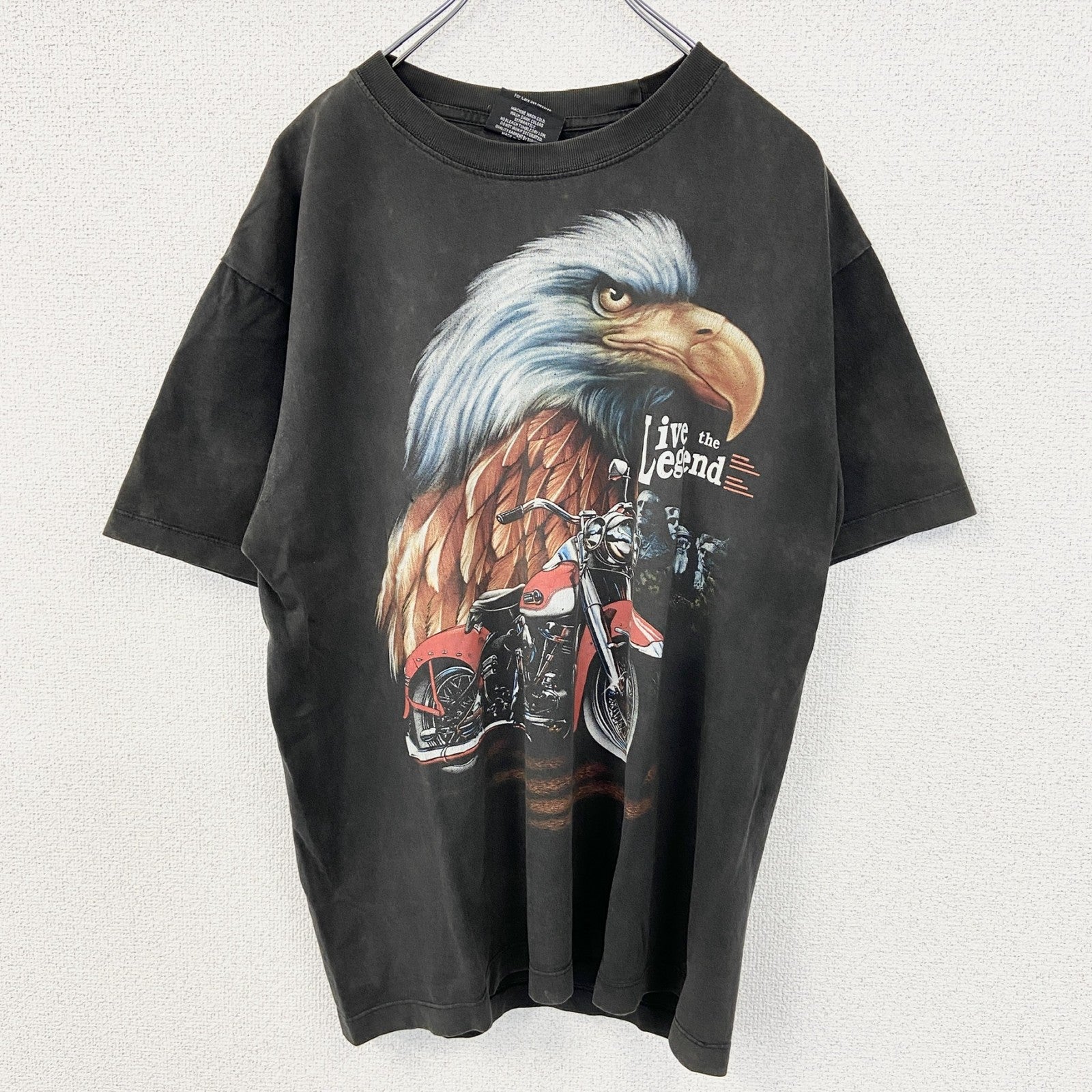 古着 used　Rock Chang ロック チャン　半袖デザインプリントTシャツ　バイク　鷹　クルーネック　レトロ　黒　Lサイズ