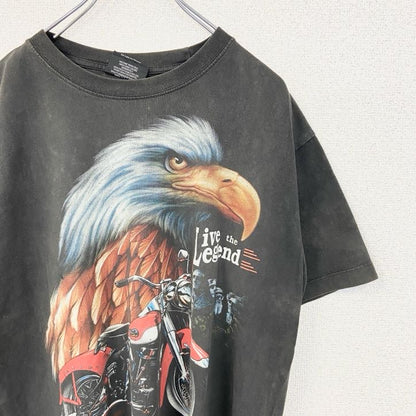 古着 used　Rock Chang ロック チャン　半袖デザインプリントTシャツ　バイク　鷹　クルーネック　レトロ　黒　Lサイズ
