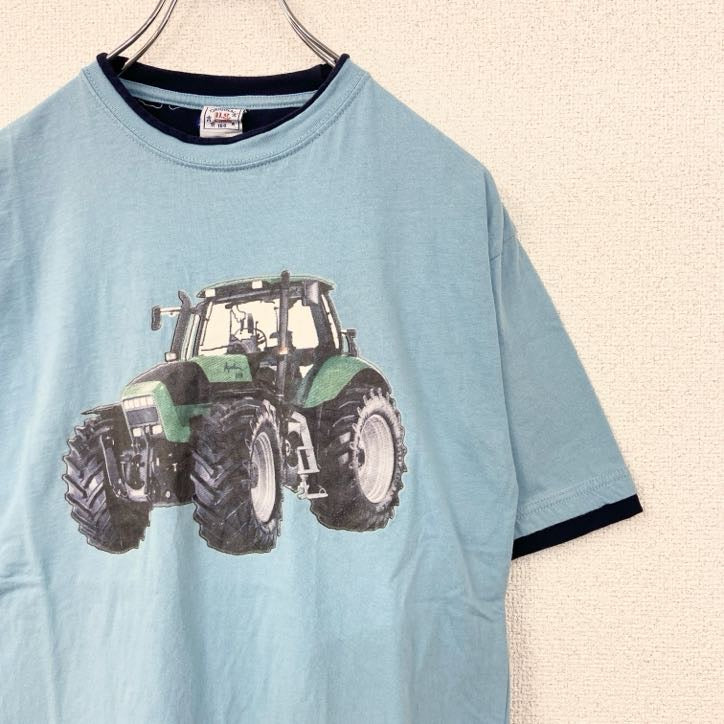 古着 used　ORIGINAL U.S.　半袖リンガープリントTシャツ　トラクター　クルーネック　レトロ　青　ブルー　Mサイズ