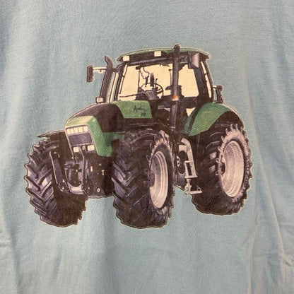 古着 used　ORIGINAL U.S.　半袖リンガープリントTシャツ　トラクター　クルーネック　レトロ　青　ブルー　Mサイズ