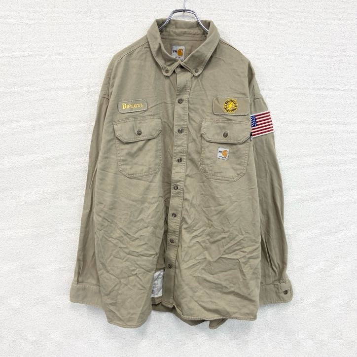 Carhartt　カーハート　長袖ワークシャツ　ボタンダウンシャツ　ワッペンカスタム　ベージュ　2XLサイズ