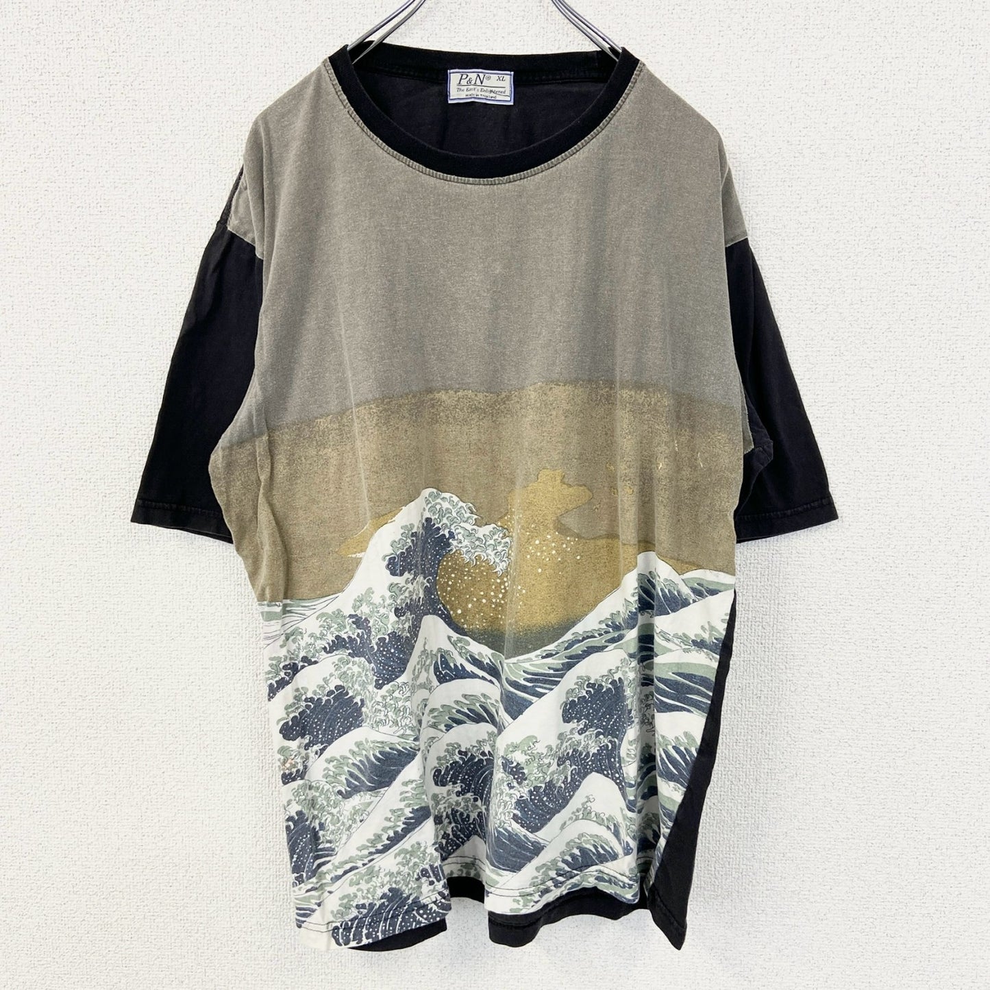 古着 used　P&N　半袖プリントTシャツ　浮世絵　葛飾北斎　和柄デザイン　蔦屋重三郎　波　クルーネック　黒　XLサイズ
