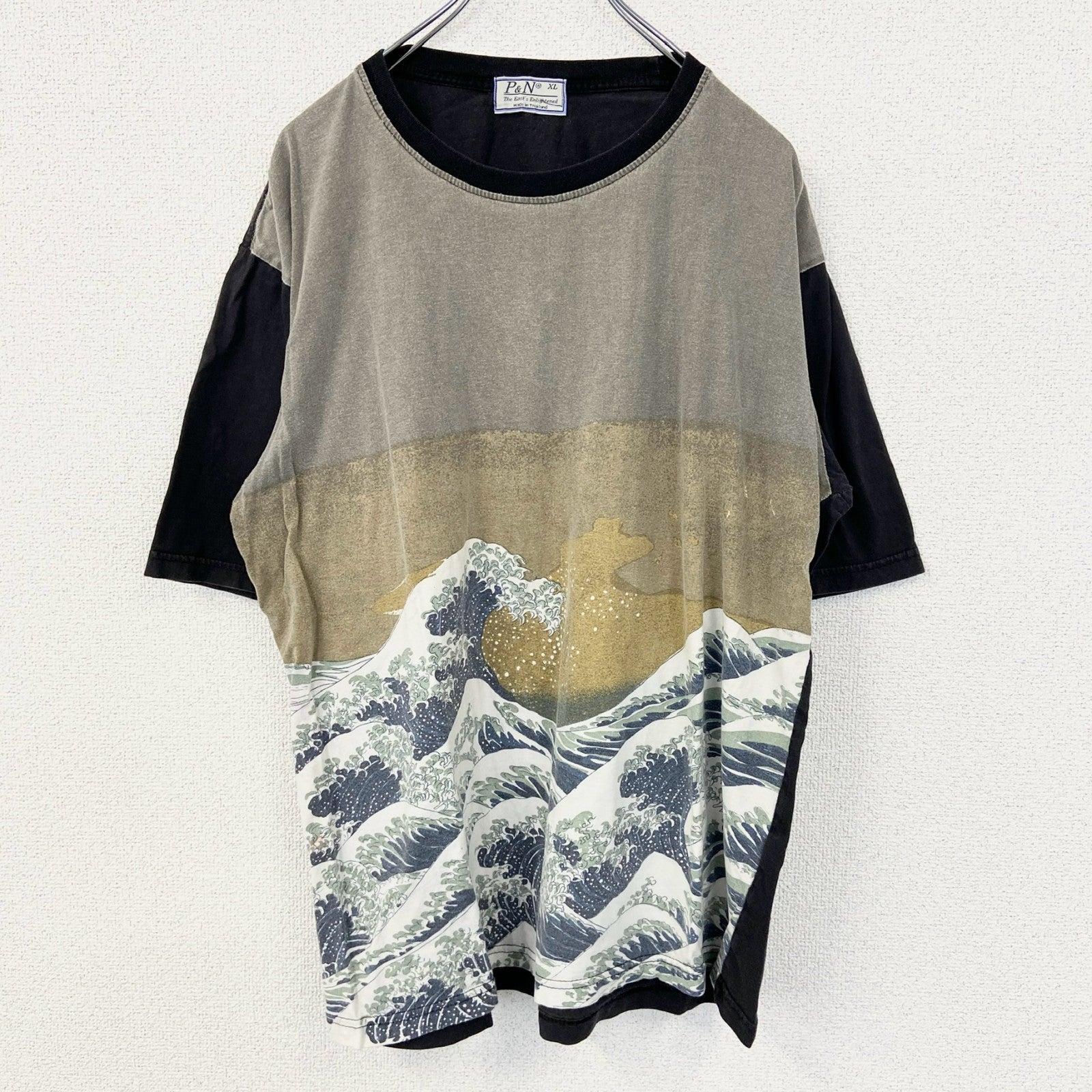 古着 used　P&N　半袖プリントTシャツ　浮世絵　葛飾北斎　和柄デザイン　蔦屋重三郎　波　クルーネック　黒　XLサイズ