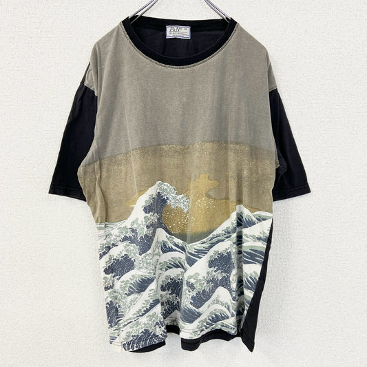古着 used　P&N　半袖プリントTシャツ　浮世絵　葛飾北斎　和柄デザイン　蔦屋重三郎　波　クルーネック　黒　XLサイズ