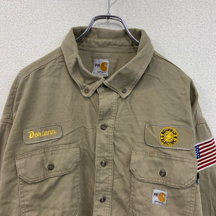 Carhartt　カーハート　長袖ワークシャツ　ボタンダウンシャツ　ワッペンカスタム　ベージュ　2XLサイズ