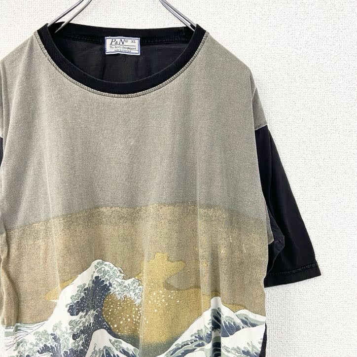 古着 used　P&N　半袖プリントTシャツ　浮世絵　葛飾北斎　和柄デザイン　蔦屋重三郎　波　クルーネック　黒　XLサイズ