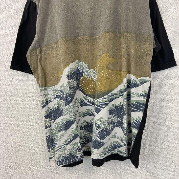 古着 used　P&N　半袖プリントTシャツ　浮世絵　葛飾北斎　和柄デザイン　蔦屋重三郎　波　クルーネック　黒　XLサイズ