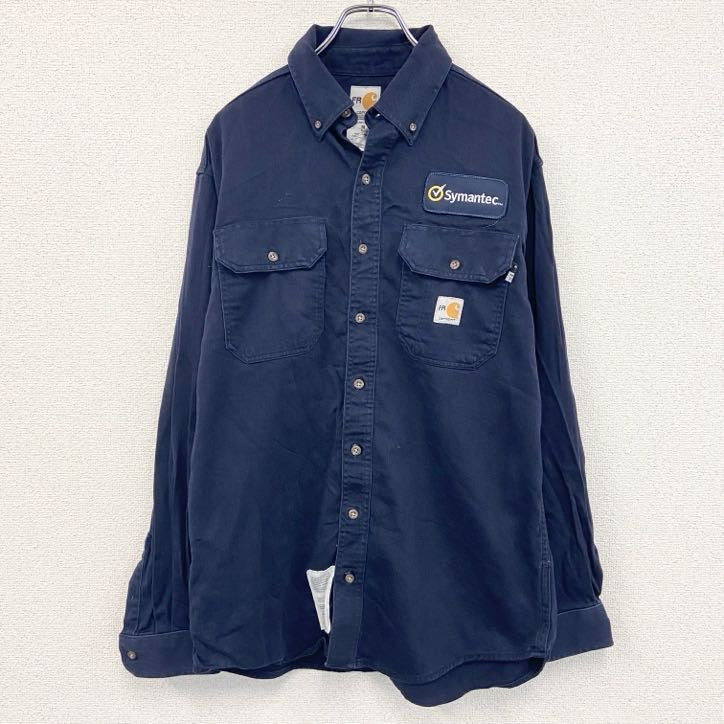 Carhartt　カーハート　長袖ワークシャツ　ボタンダウンシャツ　ワッペンカスタム　紺　ネイビー　Mサイズ