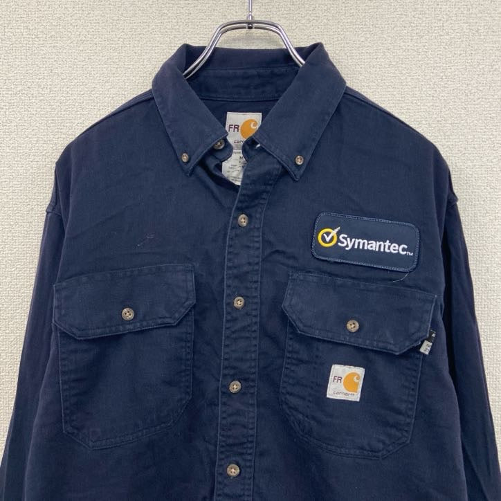 Carhartt　カーハート　長袖ワークシャツ　ボタンダウンシャツ　ワッペンカスタム　紺　ネイビー　Mサイズ