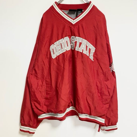 古着 used　TEAM ATHLETICS　長袖Vネックカレッジナイロンプルオーバー　ワッペン　オハイオ州立大学　赤　XLサイズ