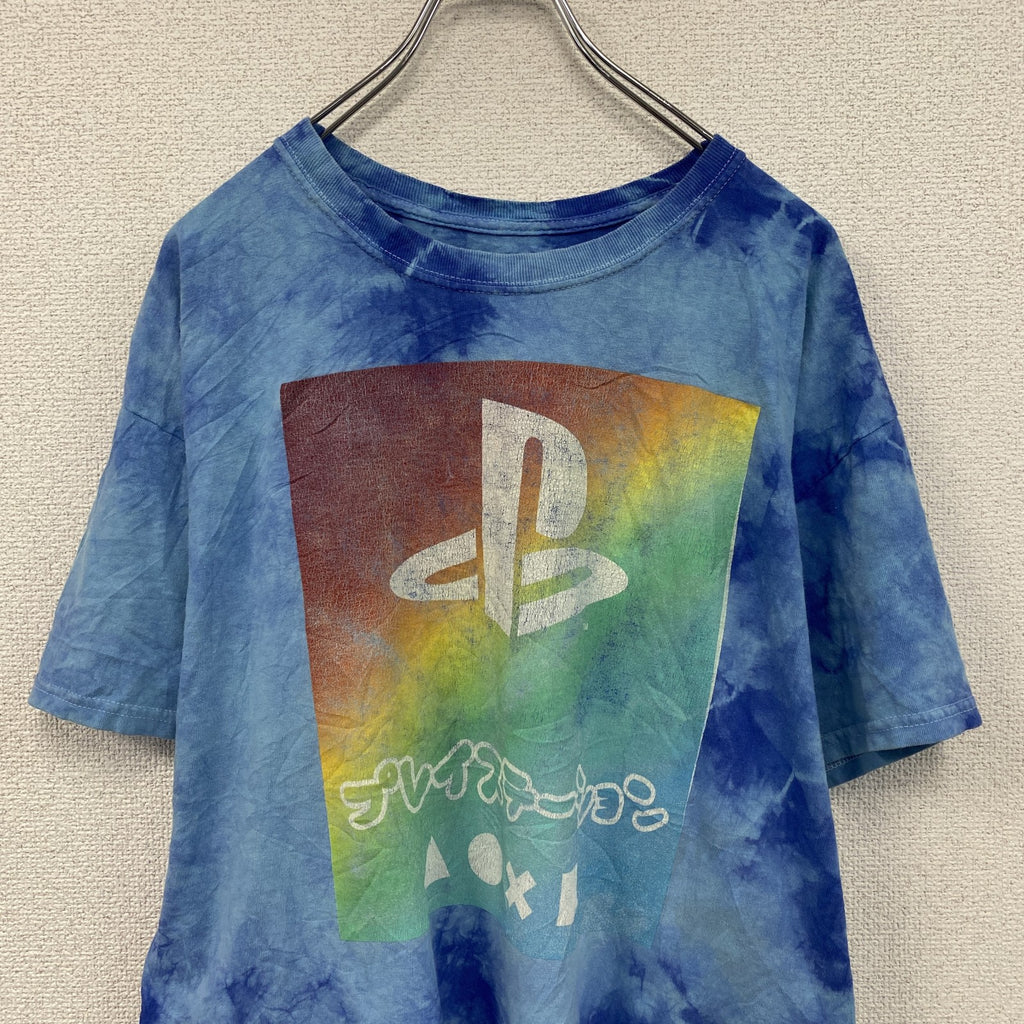 プレイステーション　半袖プリントTシャツ　タイダイ柄　青　ブルー　