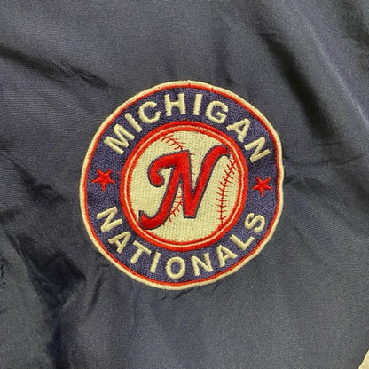 古着 used　長袖ハーフジップナイロンジャケット　ハイネック　ワンポイント刺繍　MICHIGAN NATIONALS　ネイビー