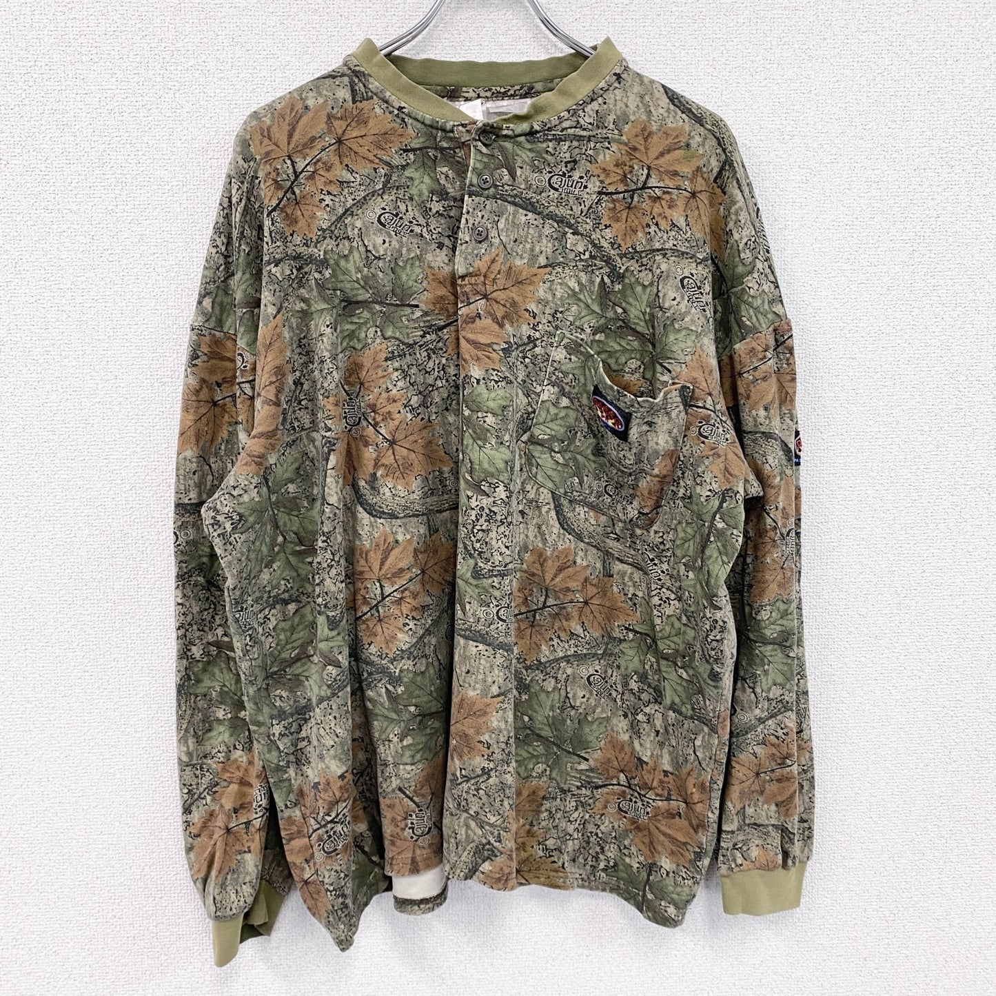 ～00s　RASCO　長袖Tシャツ/ロンT　ヘンリーネック　ヴィンテージ　総柄　カーキ　3XLサイズ