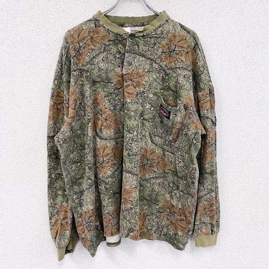 ～00s　RASCO　長袖Tシャツ/ロンT　ヘンリーネック　ヴィンテージ　総柄　カーキ　3XLサイズ