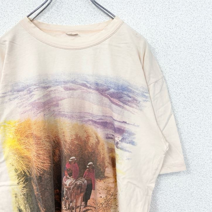 古着 used　lecomte　半袖プリントTシャツ　クルーネック　薄ピンク　レトロ　風景写真デザイン　カジュアル　Lサイズ