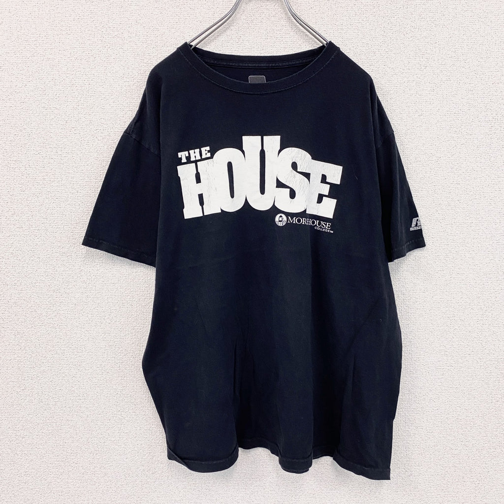 RUSSELL　ラッセル　半袖プリントTシャツ　4連プリント　アーチプリント　カレッジロゴ　クルーネック　黒　ブラック