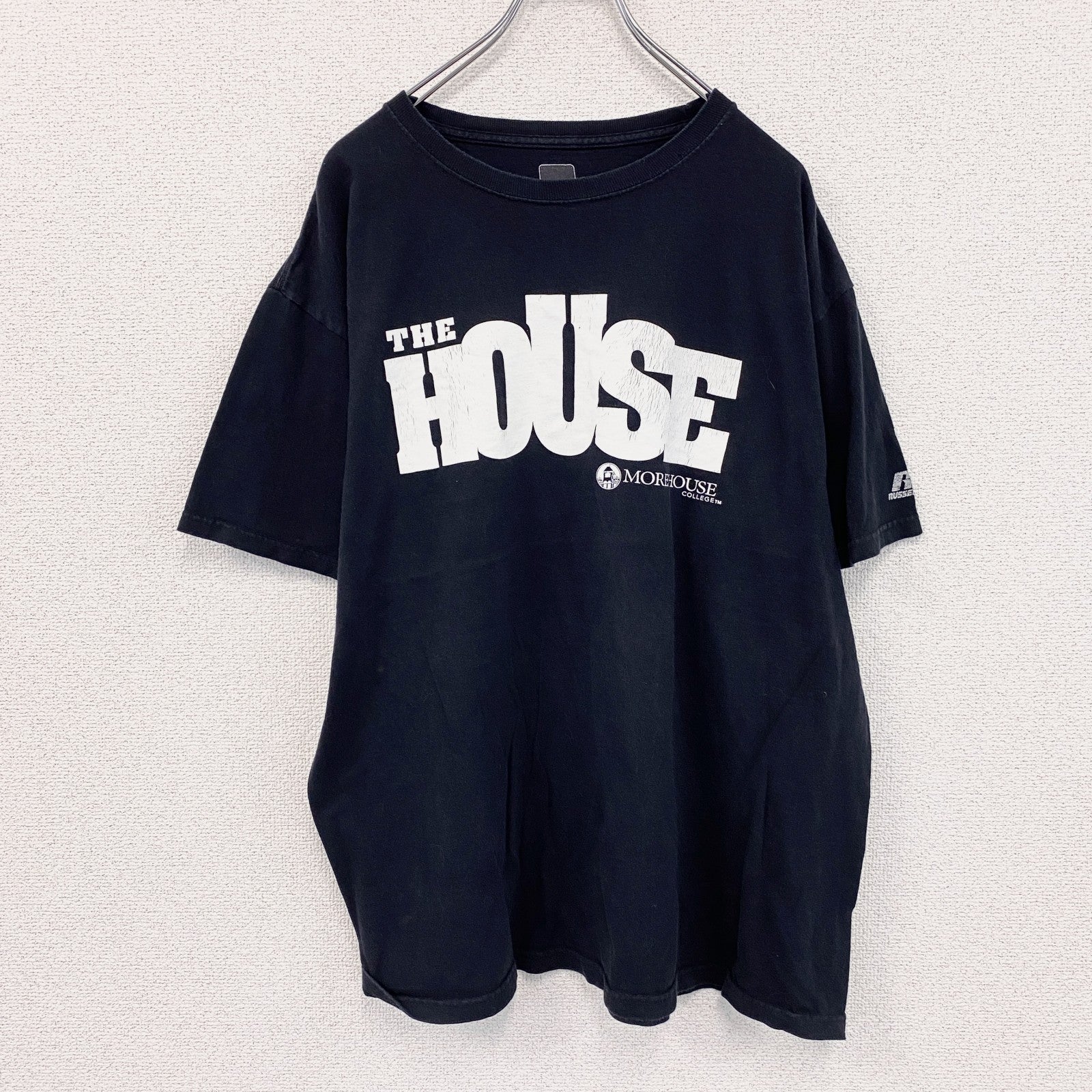 RUSSELL　ラッセル　半袖プリントTシャツ　4連プリント　アーチプリント　カレッジロゴ　クルーネック　黒　ブラック