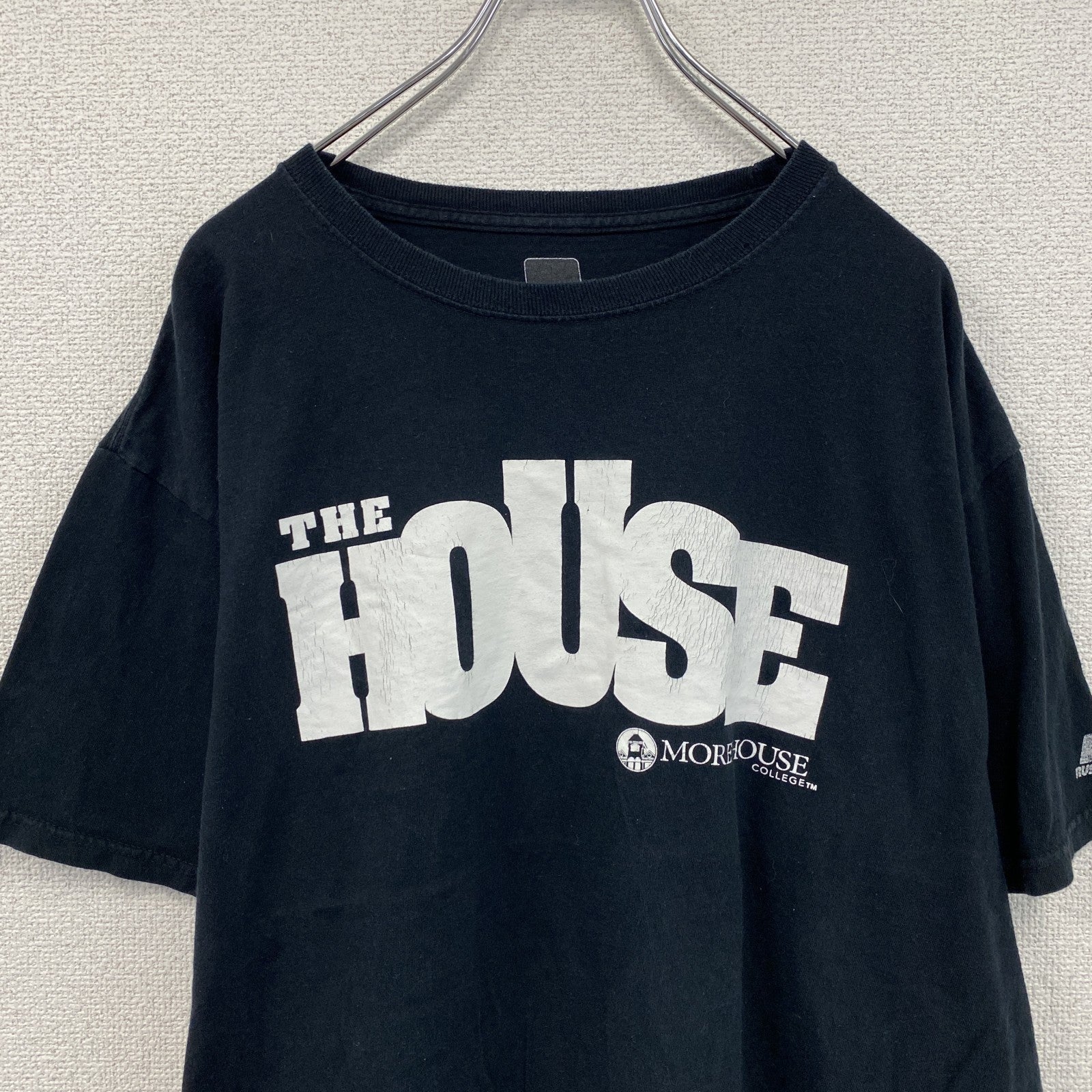 RUSSELL　ラッセル　半袖プリントTシャツ　4連プリント　アーチプリント　カレッジロゴ　クルーネック　黒　ブラック