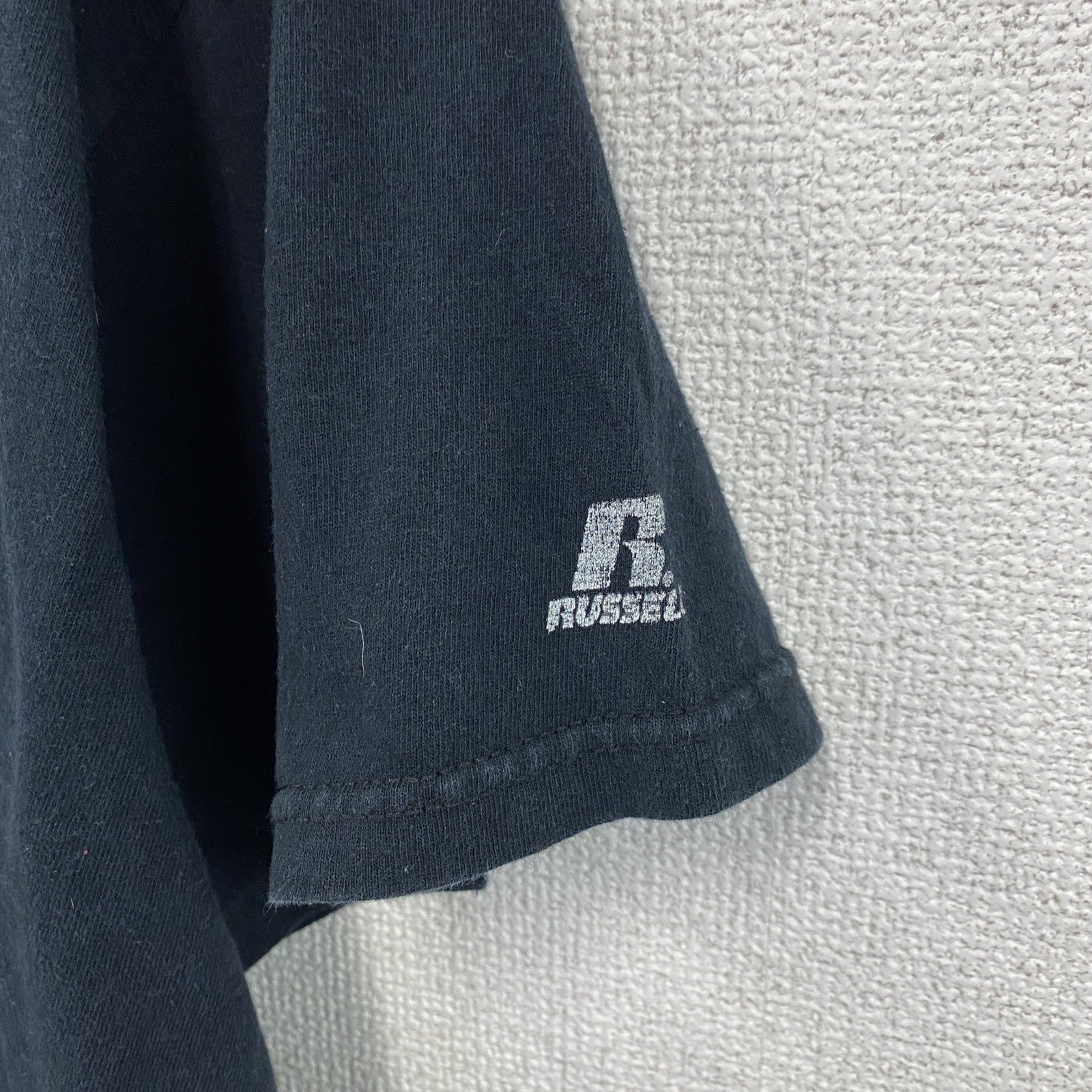 RUSSELL　ラッセル　半袖プリントTシャツ　4連プリント　アーチプリント　カレッジロゴ　クルーネック　黒　ブラック