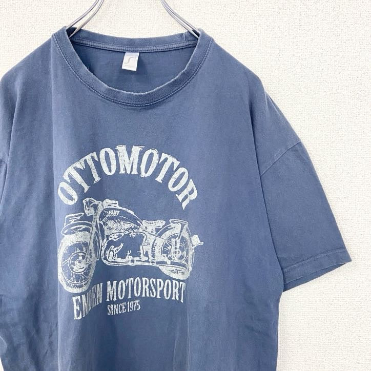 古着 used　IMPERIAL　半袖プリントTシャツ　バイクデザイン　OTTOMOTOR　クルーネック　青　レトロ　2XLサイズ