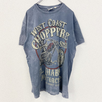 着 used　CHOPPERS　半袖ビッグプリントTシャツ　バイク　色褪せダメージデザイン　クルーネック　青　レトロ　Lサイズ