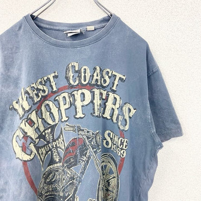 着 used　CHOPPERS　半袖ビッグプリントTシャツ　バイク　色褪せダメージデザイン　クルーネック　青　レトロ　Lサイズ