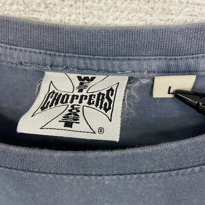 着 used　CHOPPERS　半袖ビッグプリントTシャツ　バイク　色褪せダメージデザイン　クルーネック　青　レトロ　Lサイズ